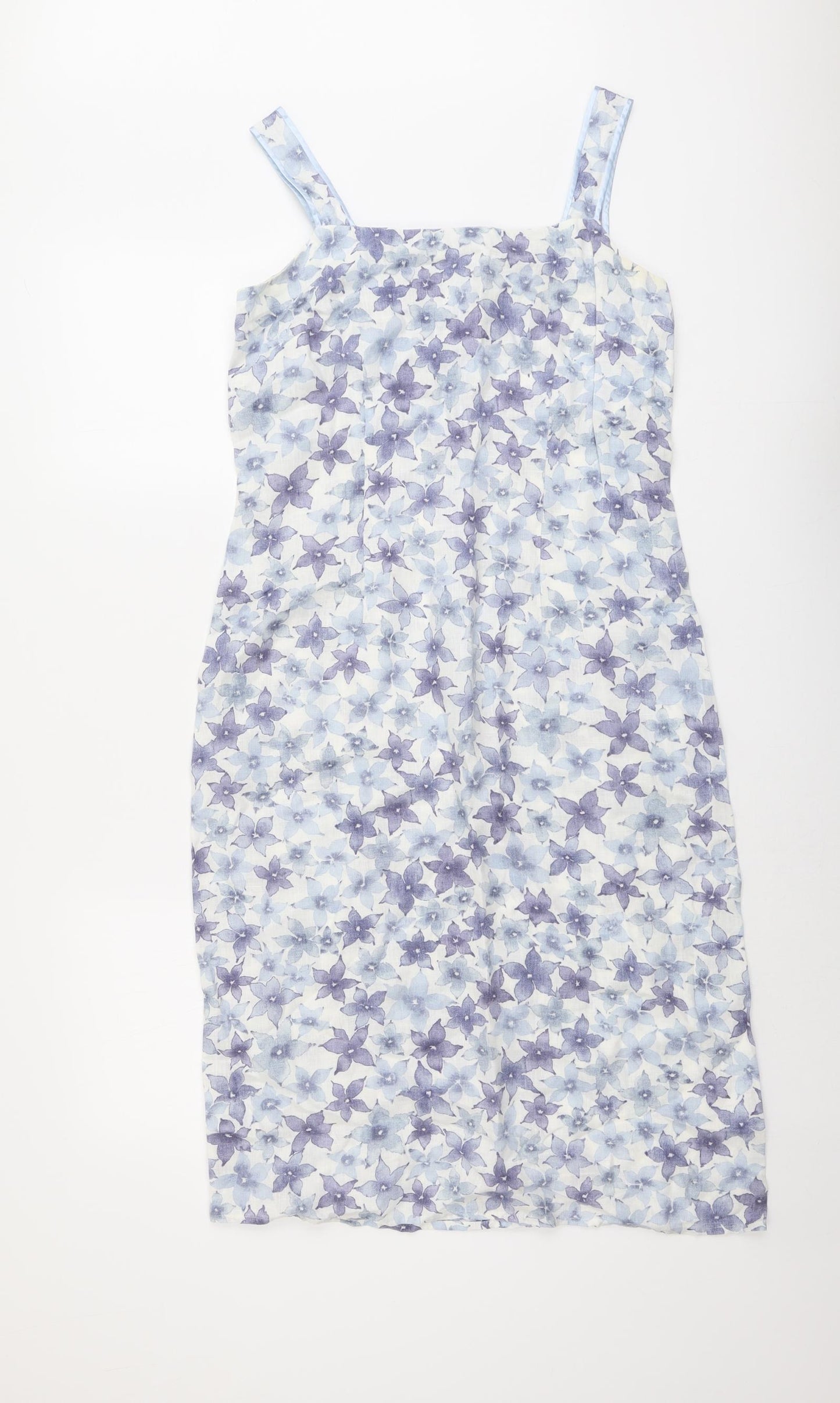 Kaliko Womens Blue Floral Linen Tank Dress Size 10 Square Neck Zip