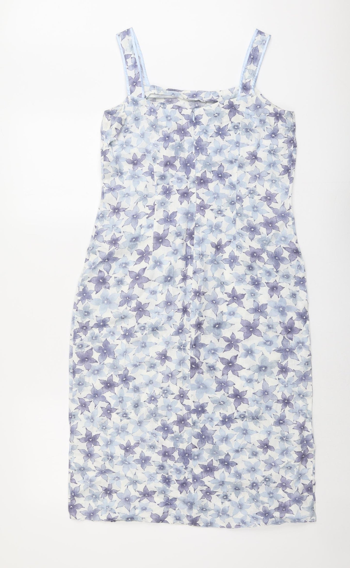 Kaliko Womens Blue Floral Linen Tank Dress Size 10 Square Neck Zip