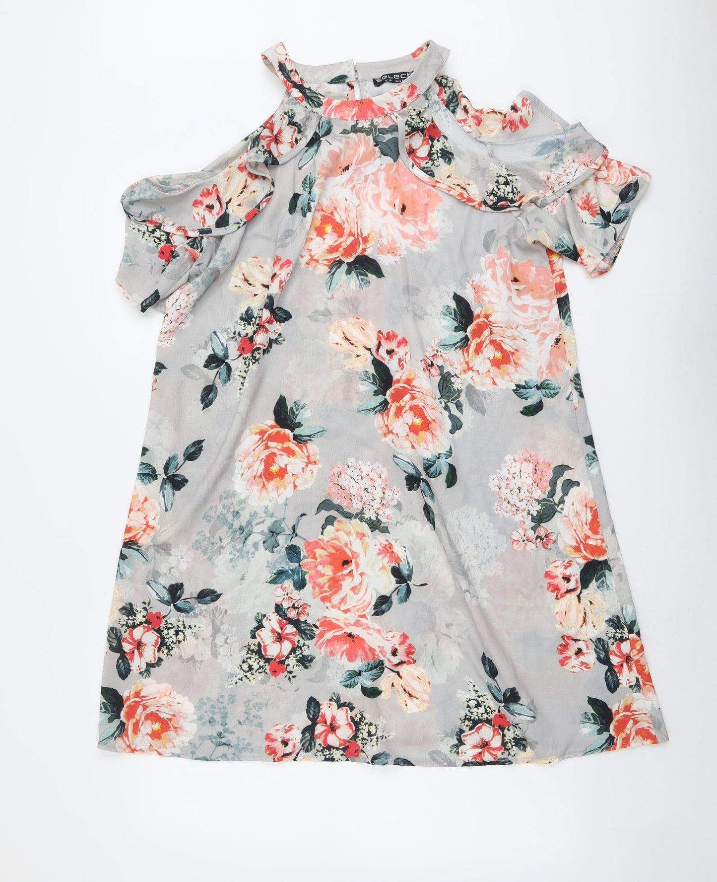 Select Womens Grey Floral Polyester A-Line Size 16 Round Neck Button - Cold Shoulder