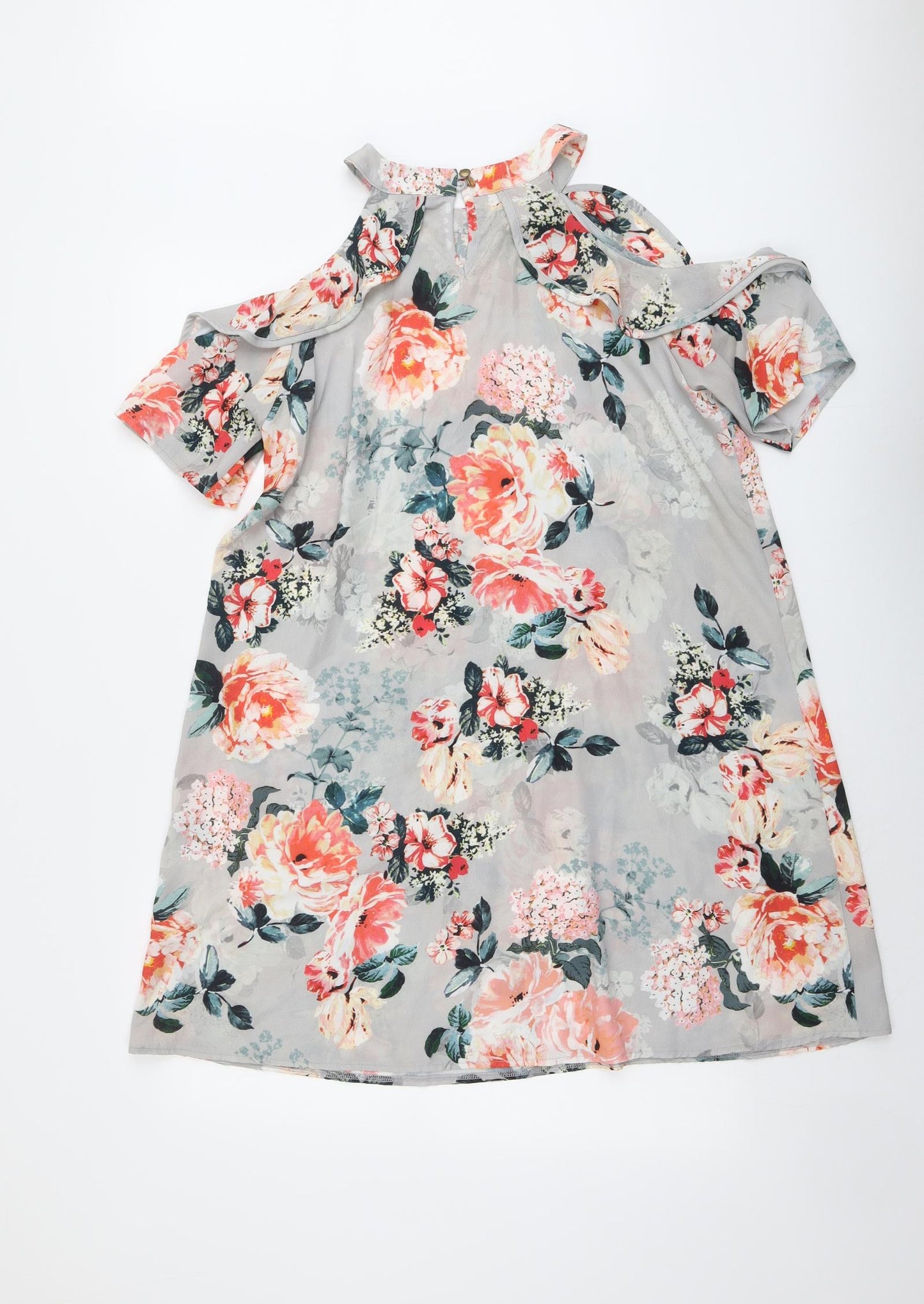 Select Womens Grey Floral Polyester A-Line Size 16 Round Neck Button - Cold Shoulder