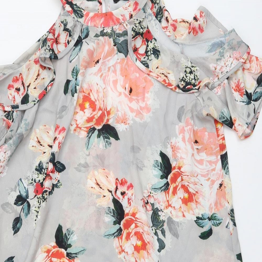 Select Womens Grey Floral Polyester A-Line Size 16 Round Neck Button - Cold Shoulder