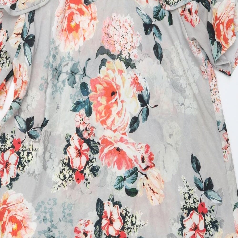 Select Womens Grey Floral Polyester A-Line Size 16 Round Neck Button - Cold Shoulder