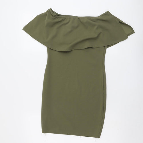 PRETTYLITTLETHING Womens Green Polyester Bodycon Size 10 Off the Shoulder Pullover