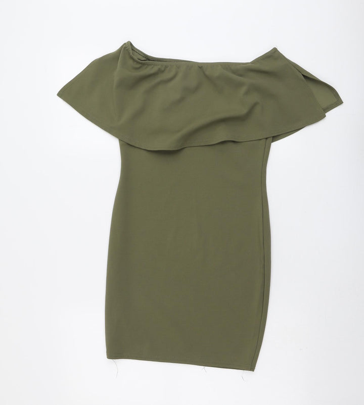 PRETTYLITTLETHING Womens Green Polyester Bodycon Size 10 Off the Shoulder Pullover