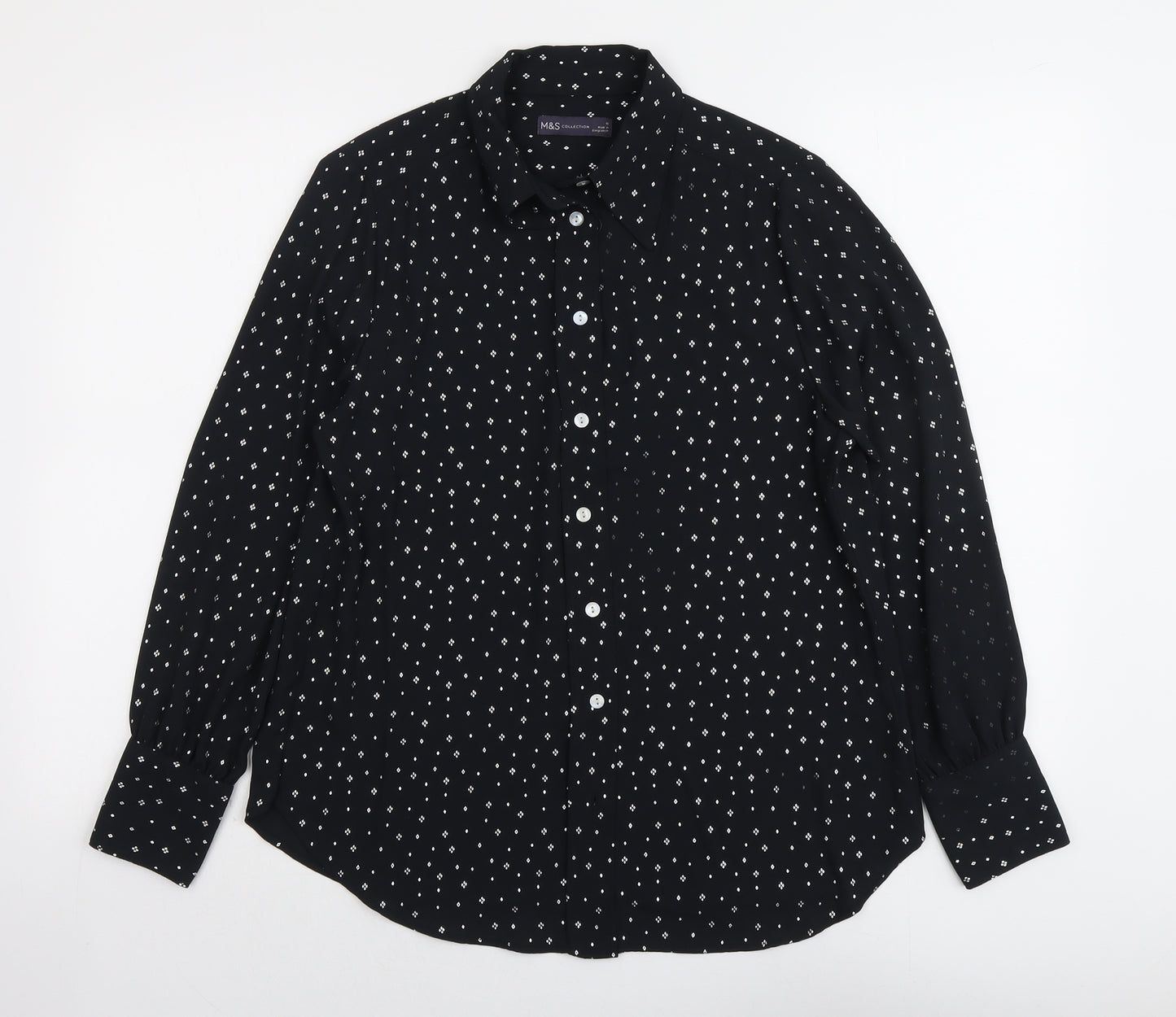 Marks and Spencer Womens Black Geometric Polyester Basic Button-Up Size 10 Collared