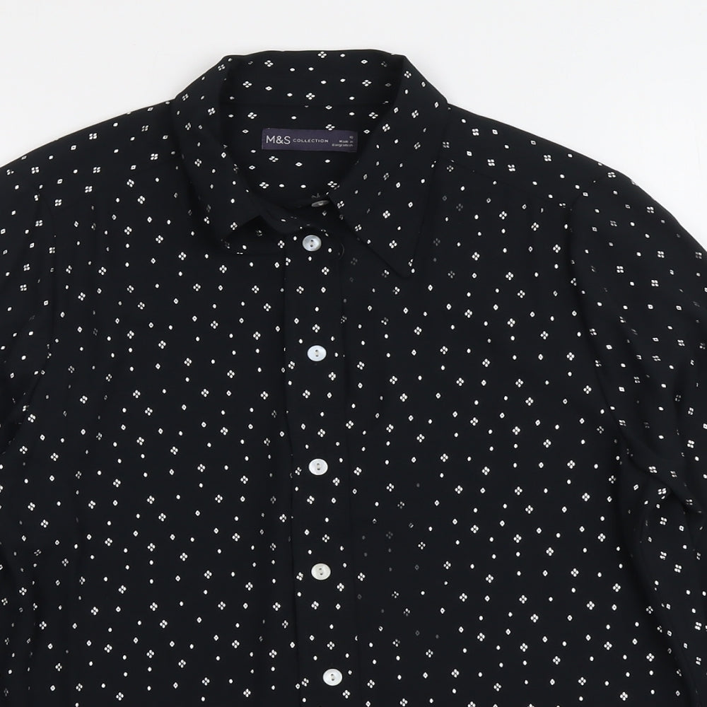 Marks and Spencer Womens Black Geometric Polyester Basic Button-Up Size 10 Collared
