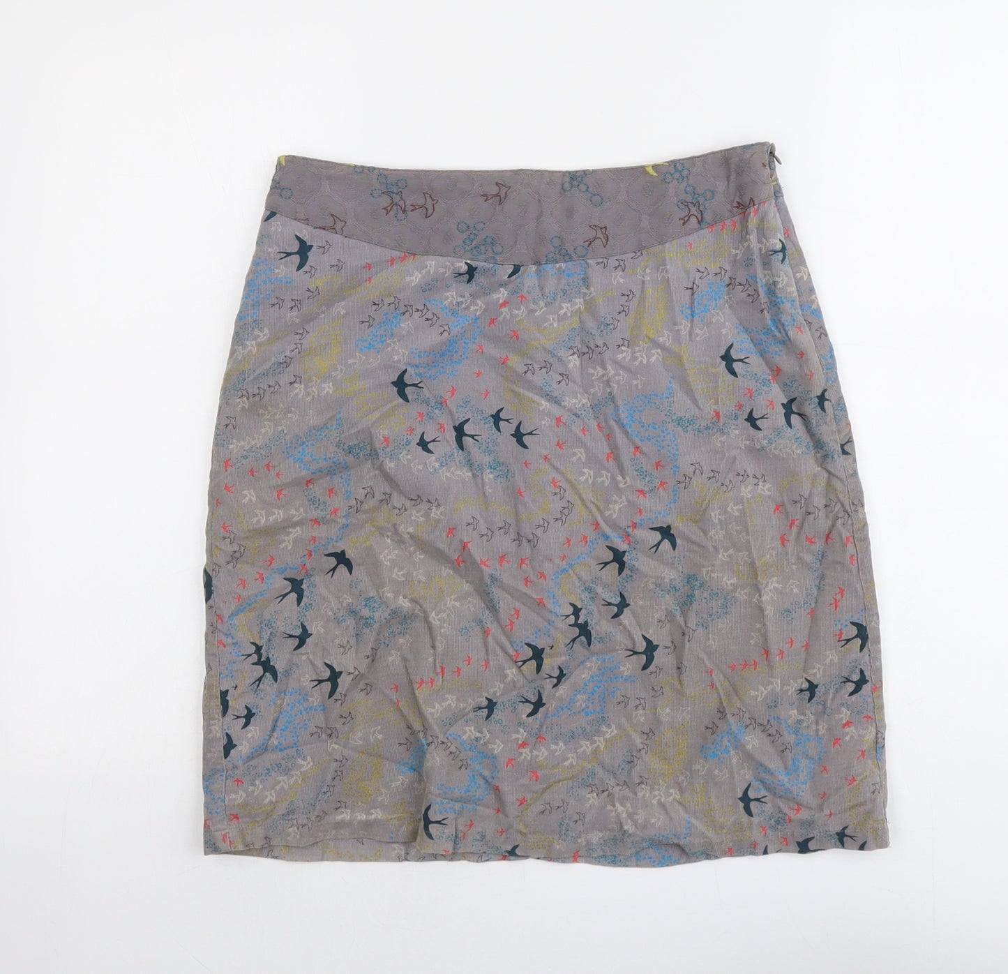 White Stuff Womens Grey Geometric Cotton A-Line Skirt Size 10 Zip - Bird Pattern
