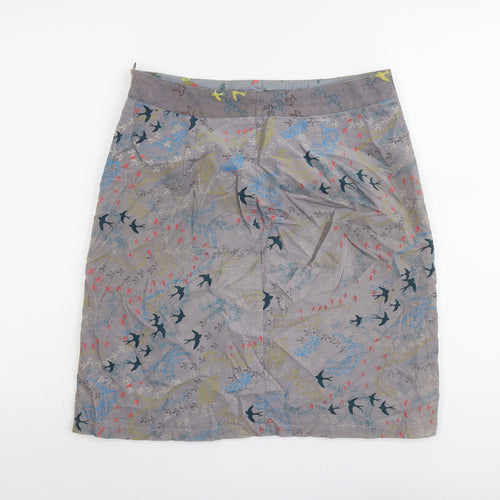 White Stuff Womens Grey Geometric Cotton A-Line Skirt Size 10 Zip - Bird Pattern