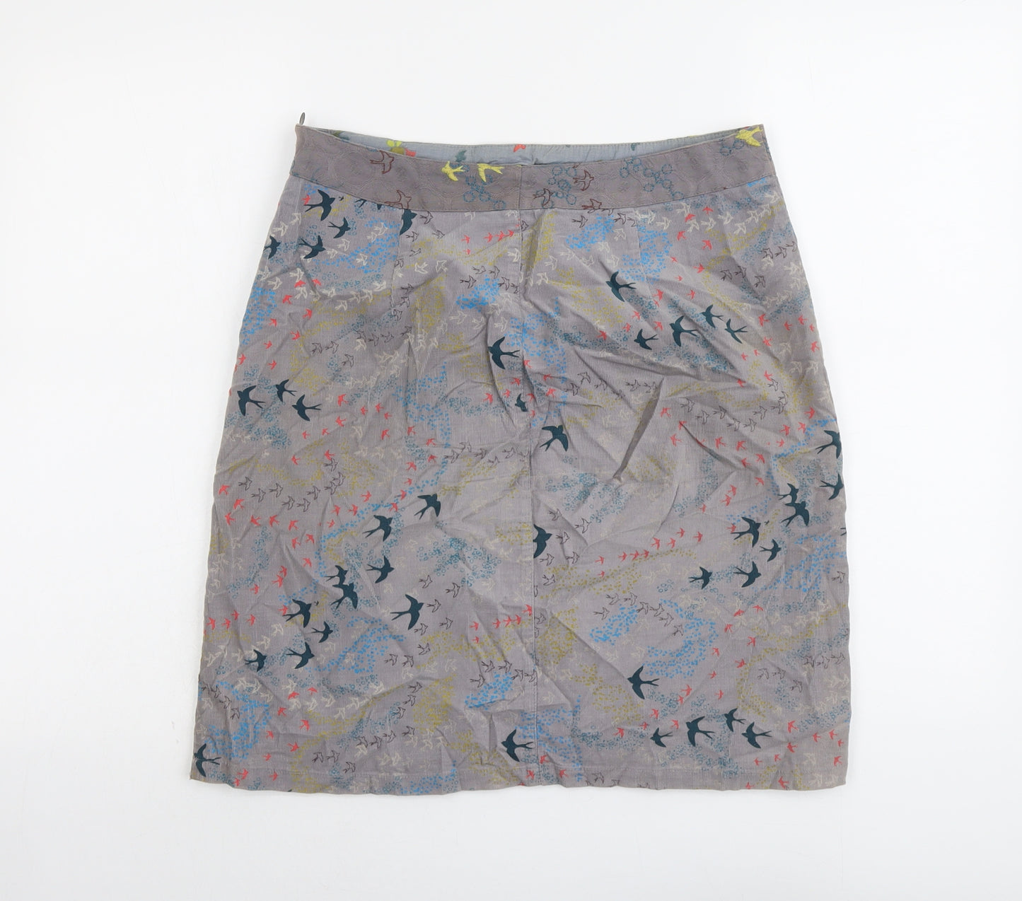 White Stuff Womens Grey Geometric Cotton A-Line Skirt Size 10 Zip - Bird Pattern