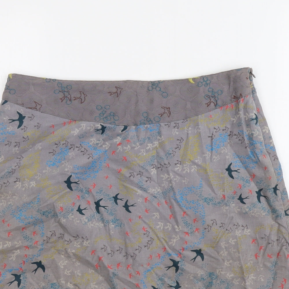White Stuff Womens Grey Geometric Cotton A-Line Skirt Size 10 Zip - Bird Pattern
