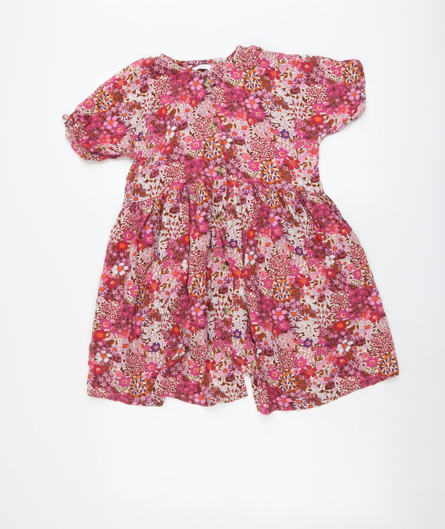 NEXT Girls Pink Floral Viscose A-Line Size 11 Years Round Neck Button
