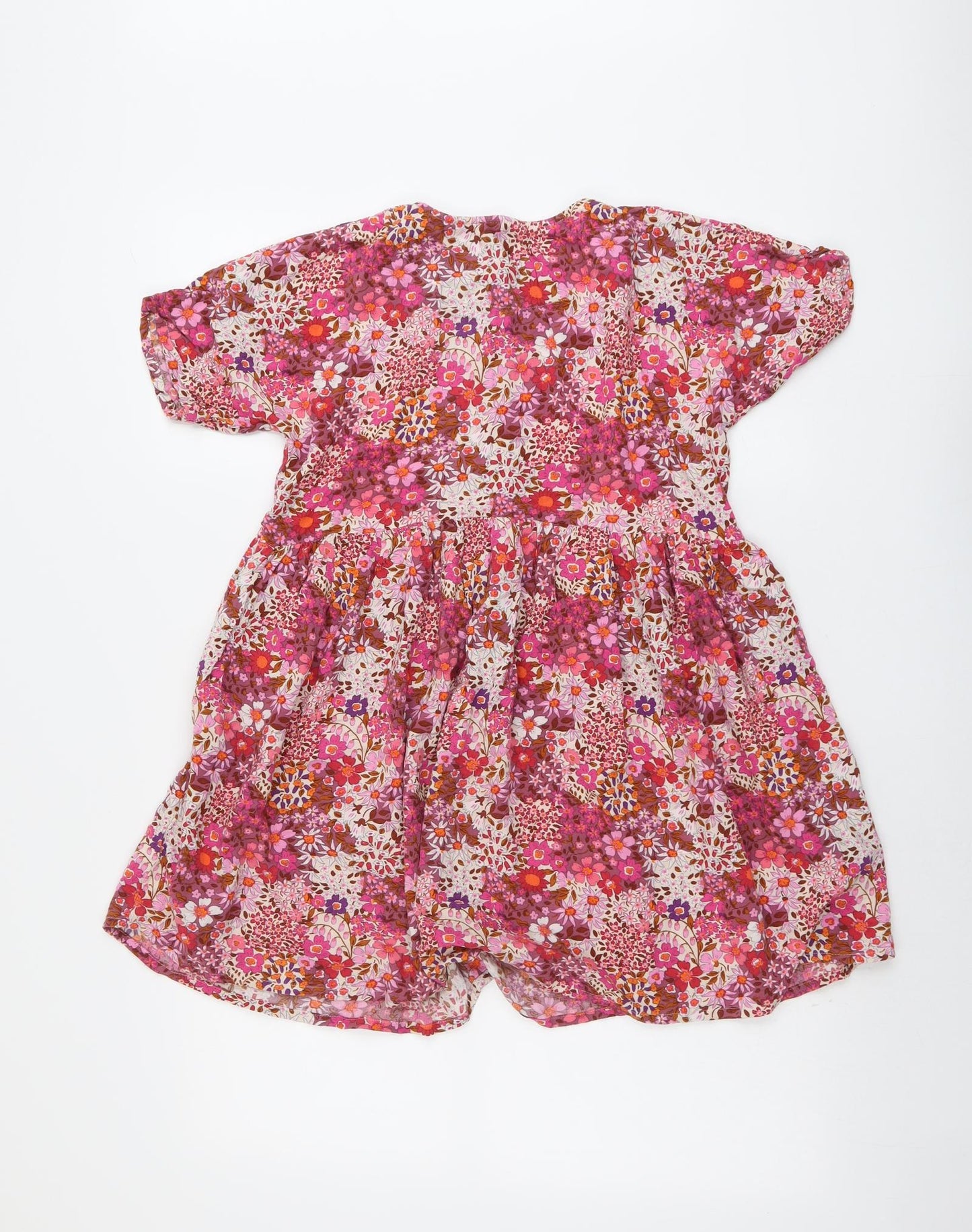 NEXT Girls Pink Floral Viscose A-Line Size 11 Years Round Neck Button