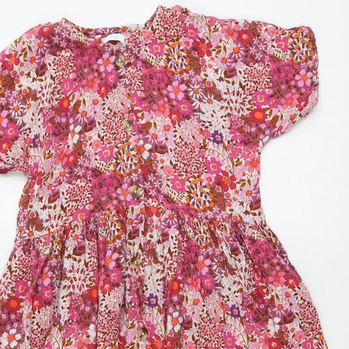 NEXT Girls Pink Floral Viscose A-Line Size 11 Years Round Neck Button