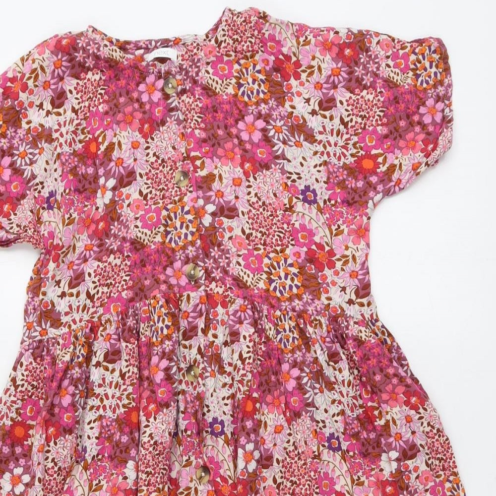 NEXT Girls Pink Floral Viscose A-Line Size 11 Years Round Neck Button
