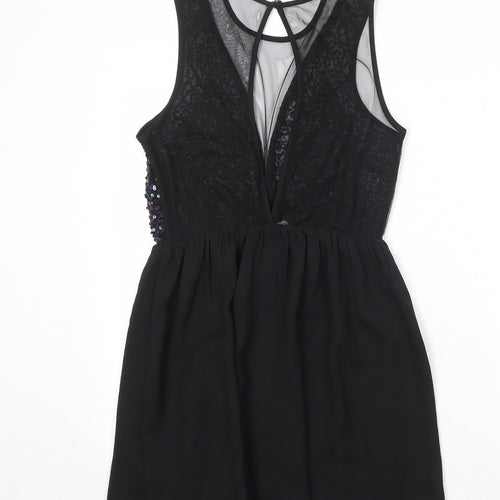 FOREVER 21 Womens Black Polyester Skater Dress Size M Round Neck Button