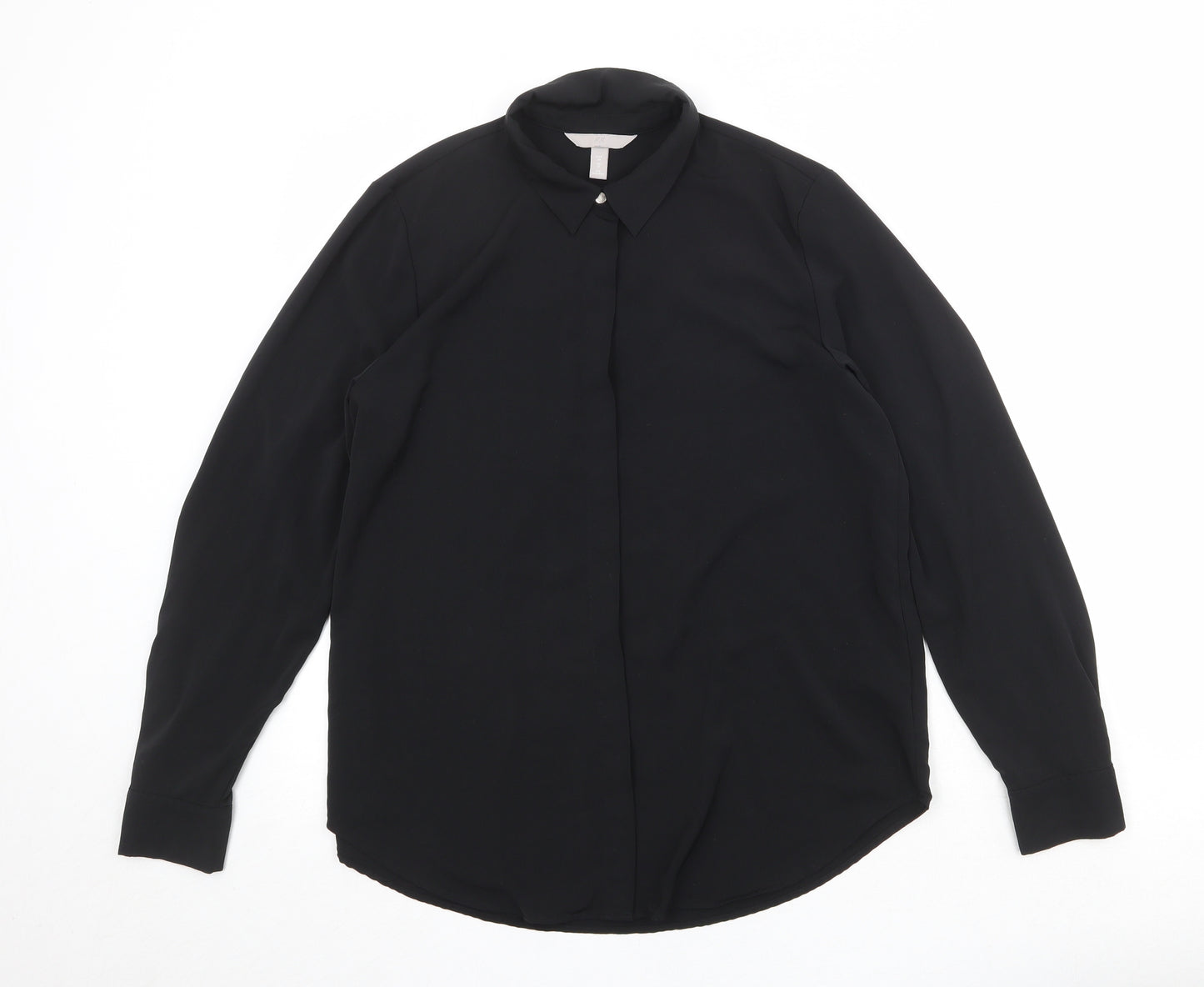 H&M Womens Black Polyester Basic Button-Up Size 10 Collared