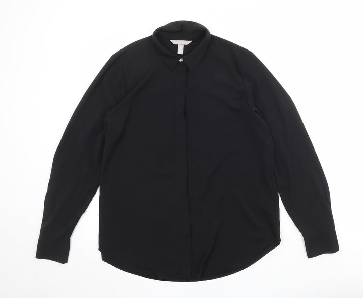 H&M Womens Black Polyester Basic Button-Up Size 10 Collared