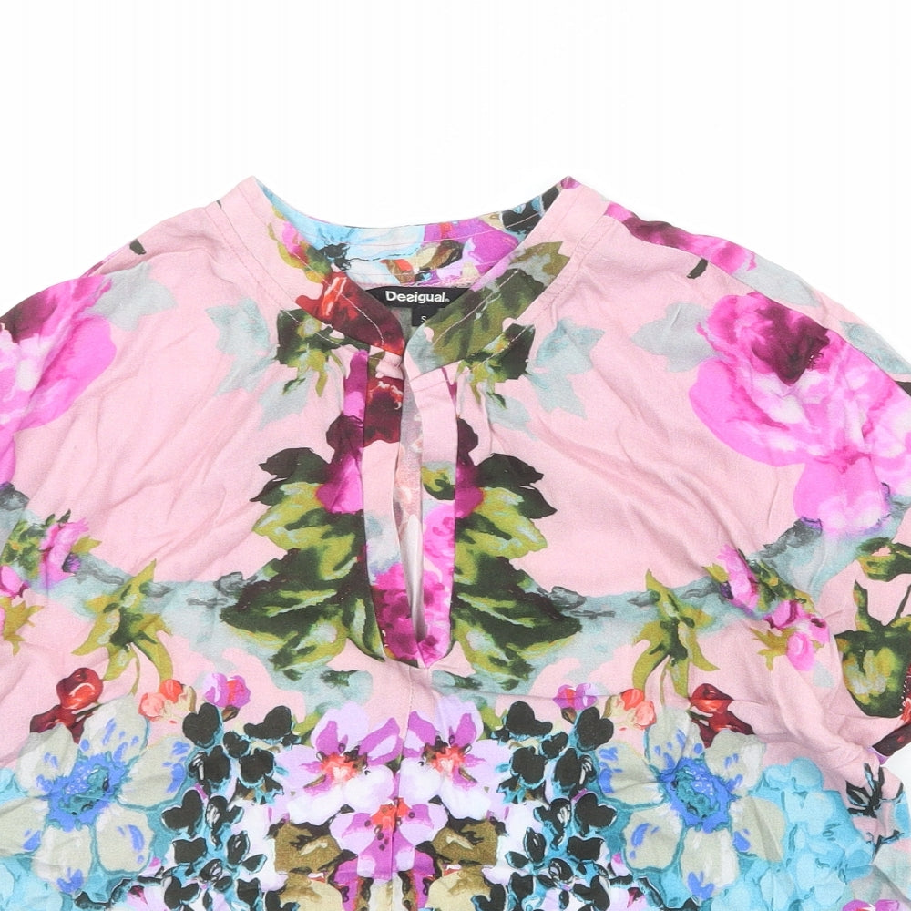 Desigual Womens Multicoloured Floral Viscose Basic T-Shirt Size S V-Neck