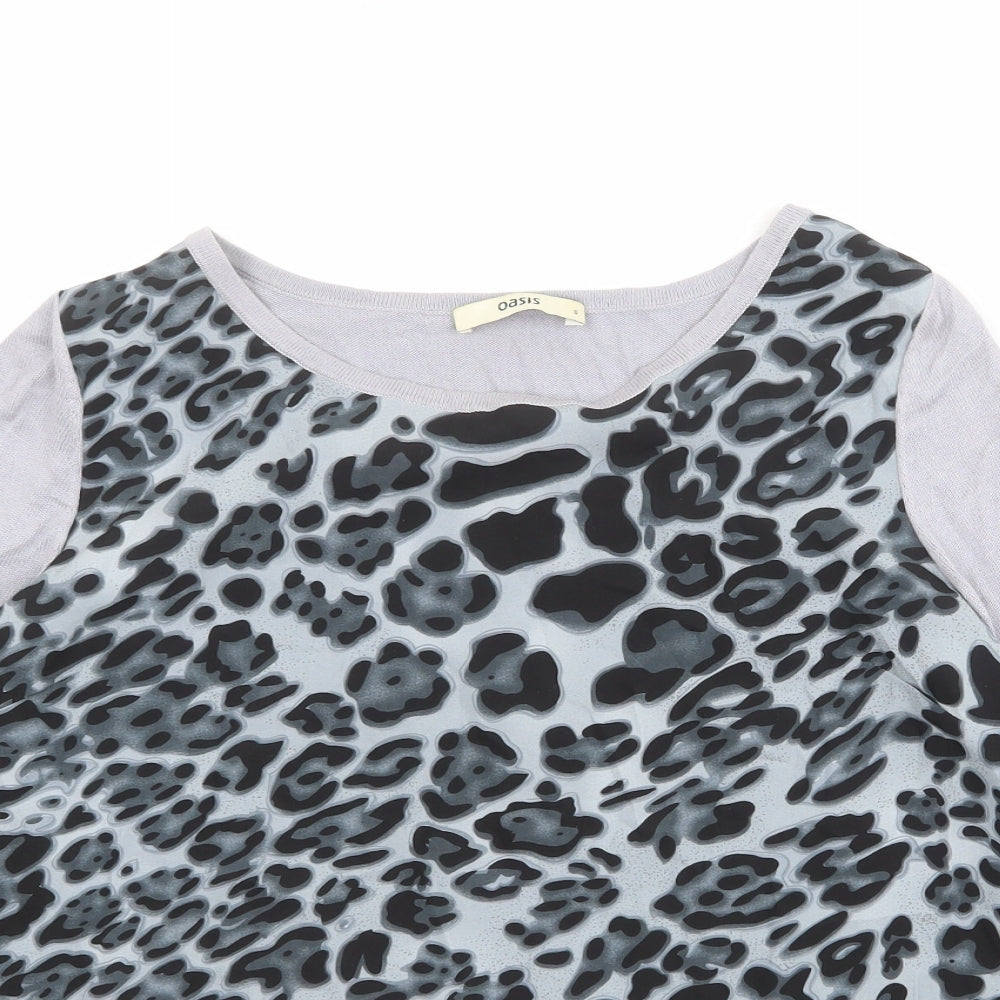Oasis Womens Blue Boat Neck Animal Print Cotton Pullover Jumper Size S - Leopard Pattern
