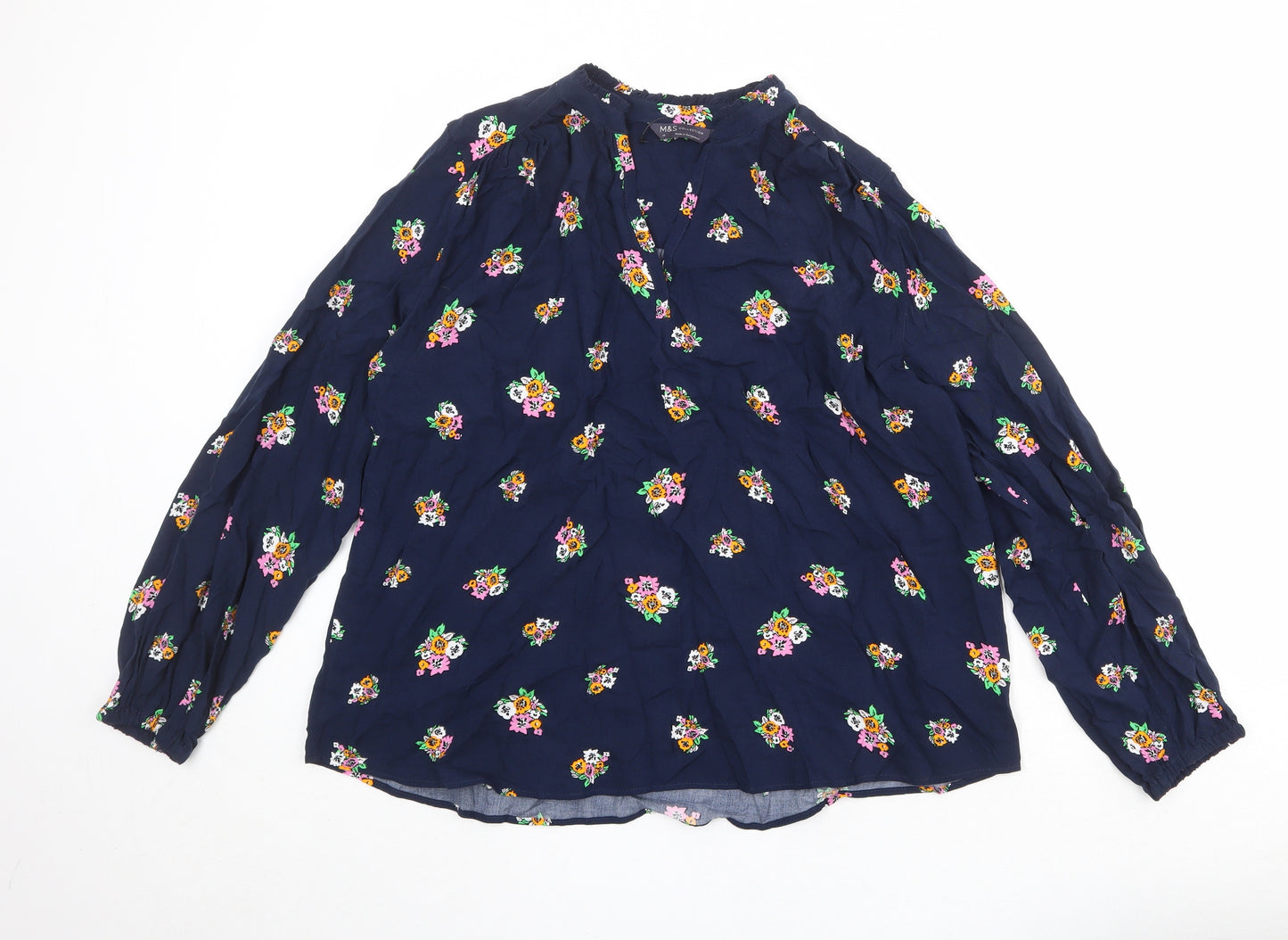 Marks and Spencer Womens Blue Floral Viscose Basic Blouse Size 14 V-Neck