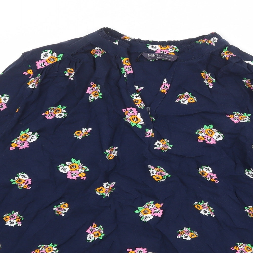 Marks and Spencer Womens Blue Floral Viscose Basic Blouse Size 14 V-Neck