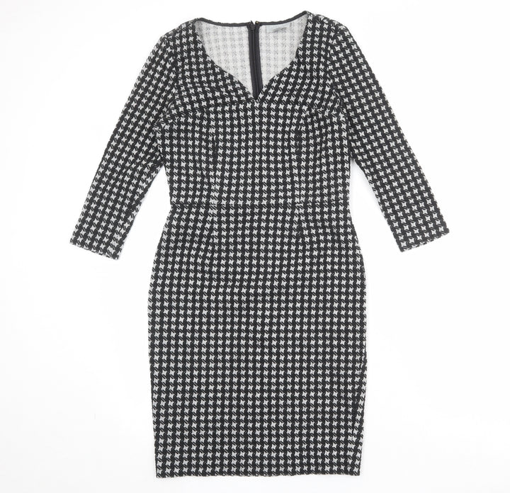 PURE Collection Womens Black Geometric Polyester Pencil Dress Size 8 V-Neck Pullover