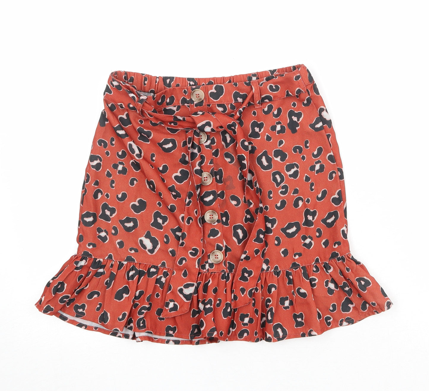 River Island Girls Orange Animal Print Polyester Mini Skirt Size 9 Years Regular Button