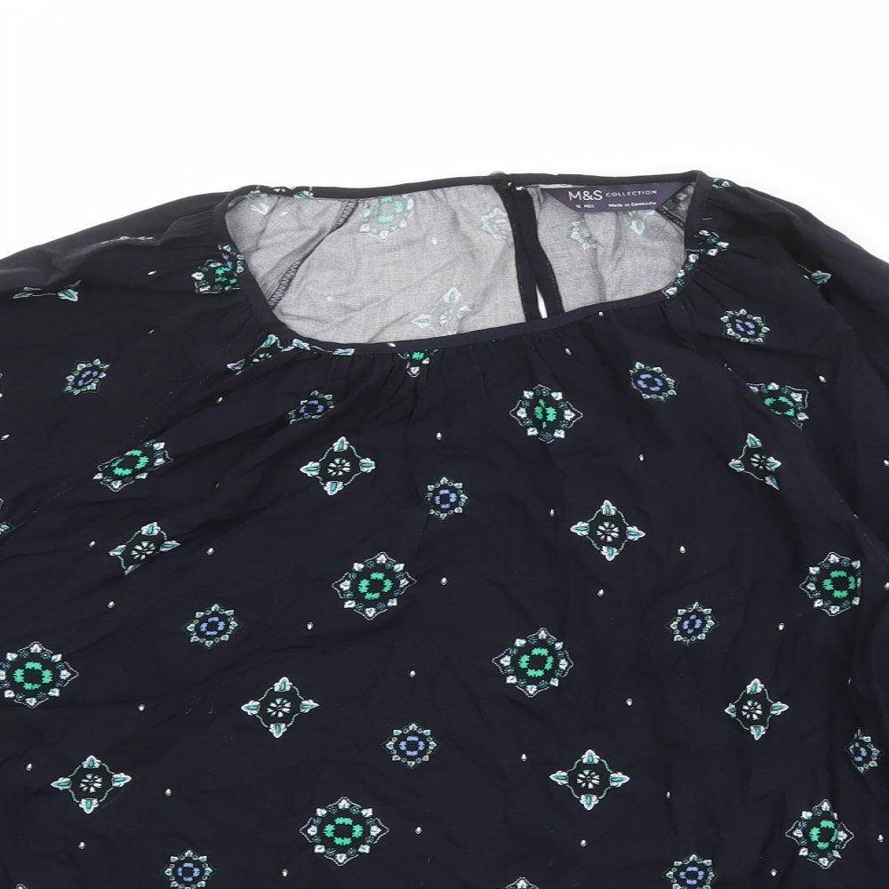 Marks and Spencer Womens Blue Geometric Viscose Basic Blouse Size 16 Round Neck