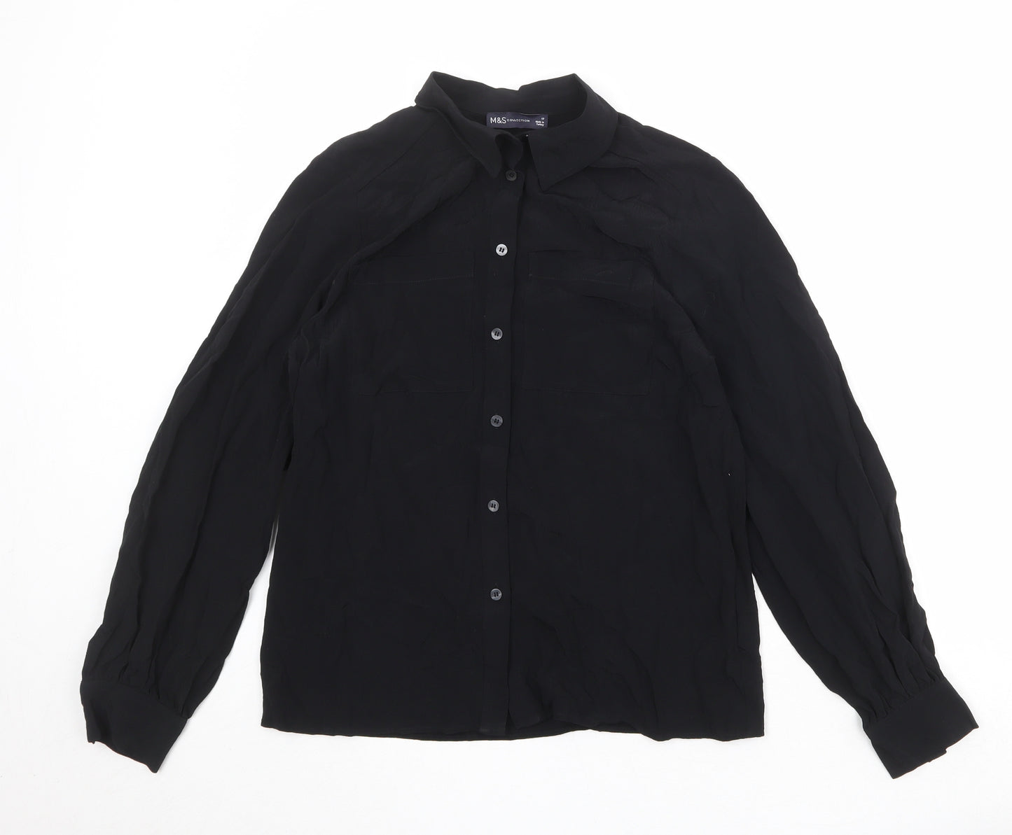Marks and Spencer Womens Black Polyester Basic Button-Up Size 10 Collared