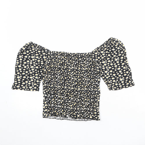 Only Womens Black Floral Viscose Cropped Blouse Size XS Boat Neck