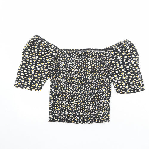 Only Womens Black Floral Viscose Cropped Blouse Size XS Boat Neck
