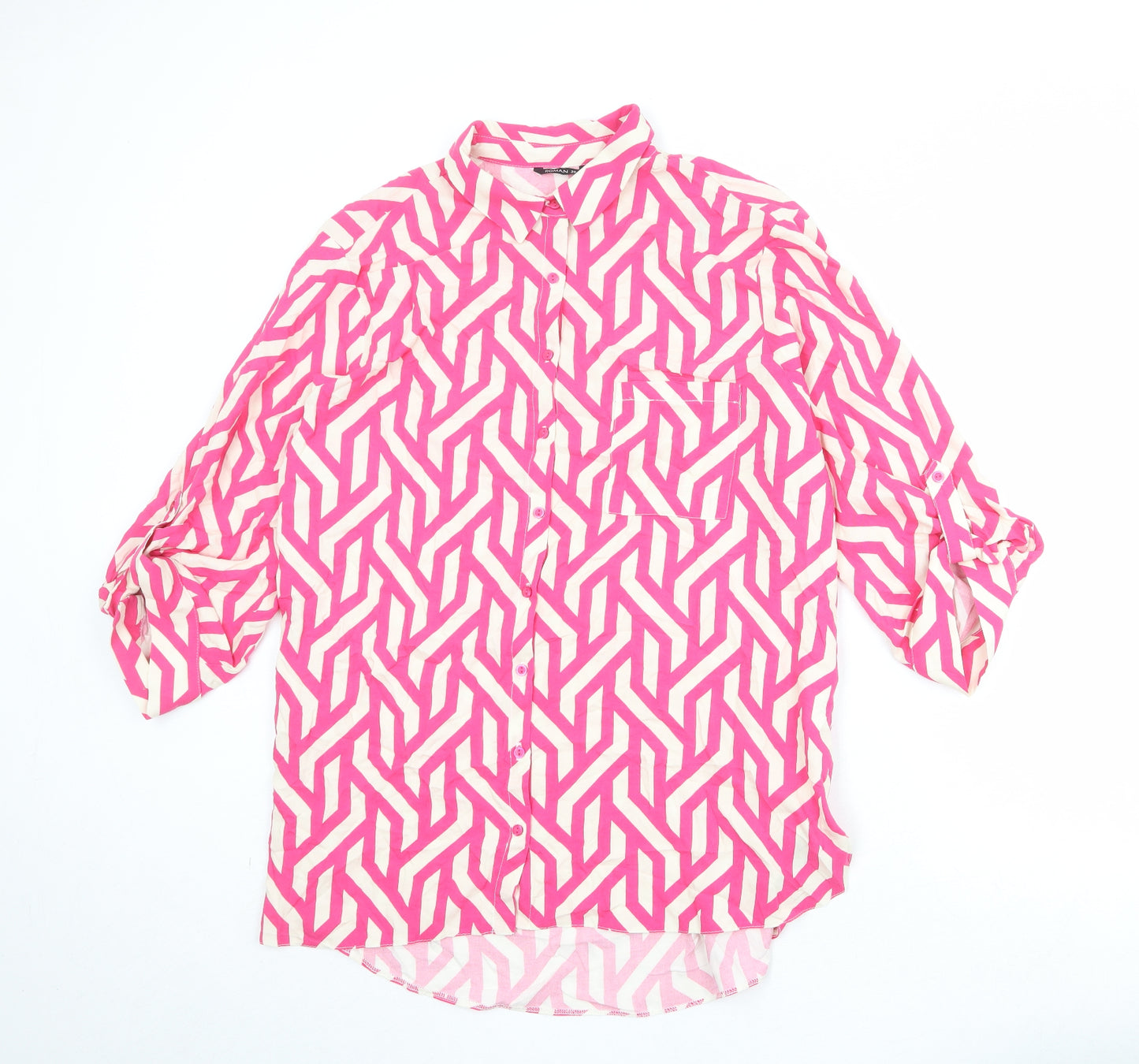 Roman Womens Pink Geometric Viscose Basic Button-Up Size 10 Collared