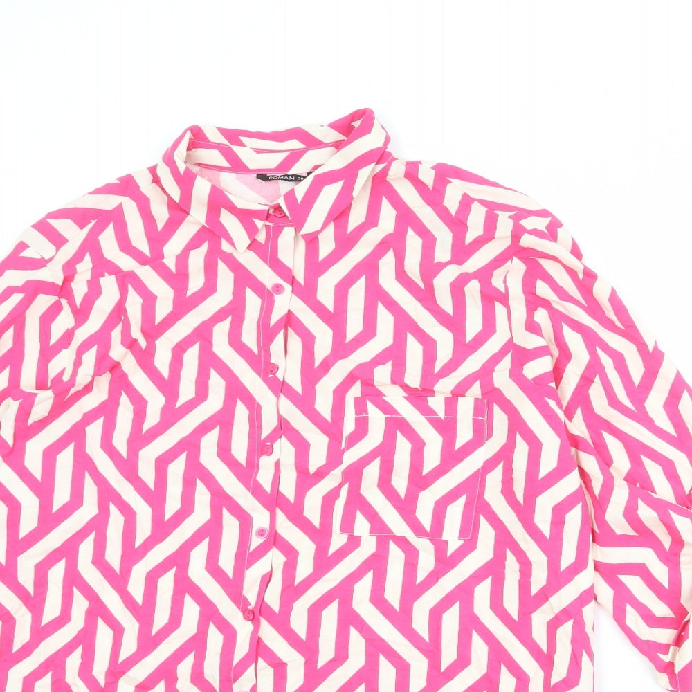 Roman Womens Pink Geometric Viscose Basic Button-Up Size 10 Collared