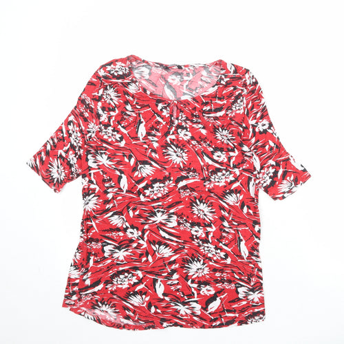 M&Co Womens Red Floral Viscose Basic T-Shirt Size 10 Round Neck