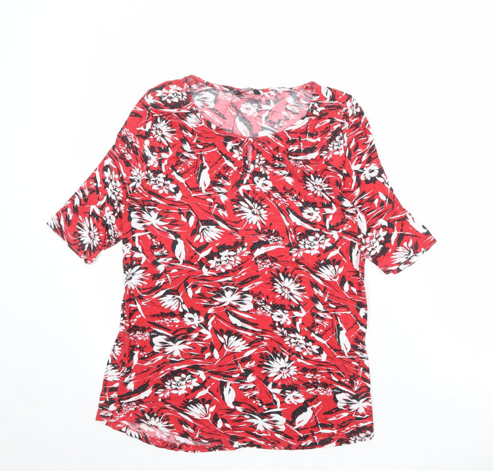 M&Co Womens Red Floral Viscose Basic T-Shirt Size 10 Round Neck