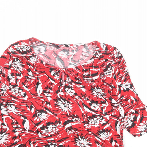 M&Co Womens Red Floral Viscose Basic T-Shirt Size 10 Round Neck