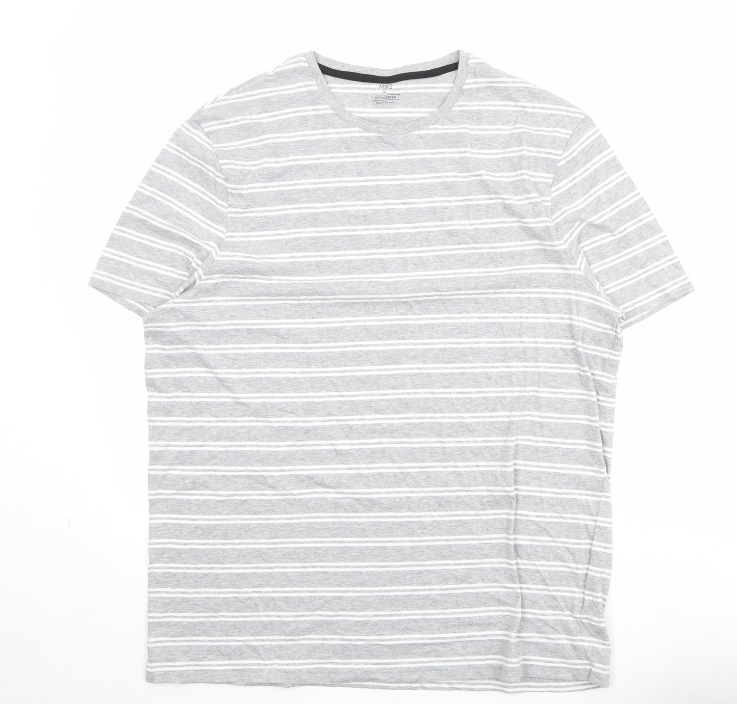 Marks and Spencer Mens Grey Striped Cotton T-Shirt Size XL Round Neck