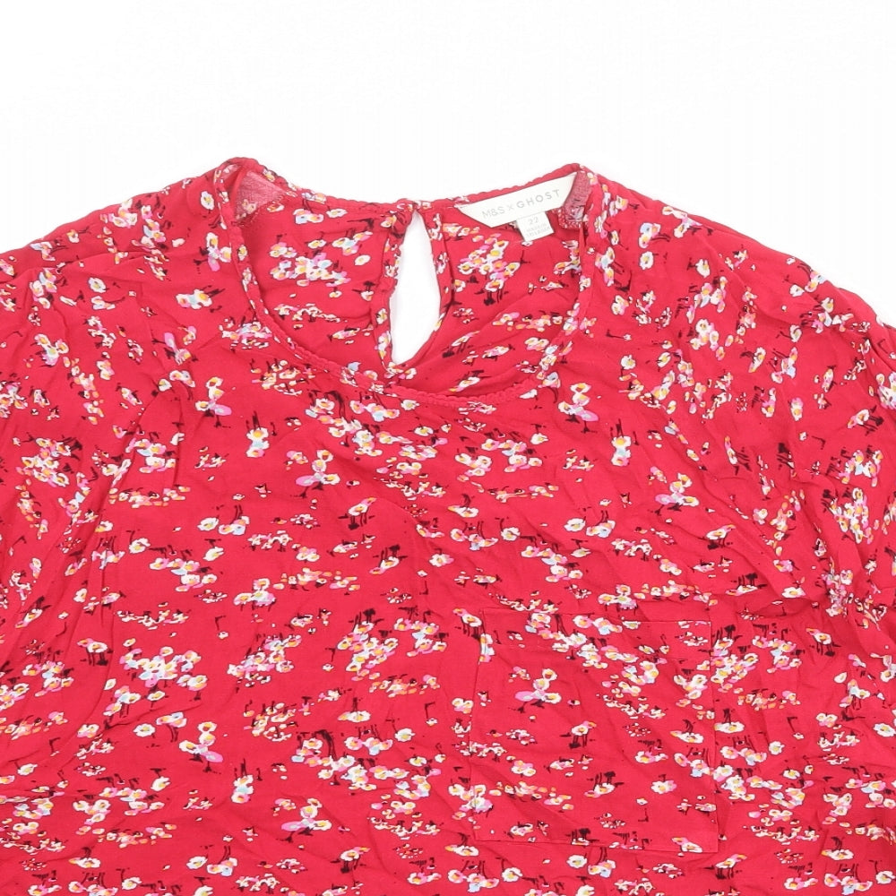 Marks and Spencer Womens Red Floral Viscose Basic T-Shirt Size 22 Round Neck