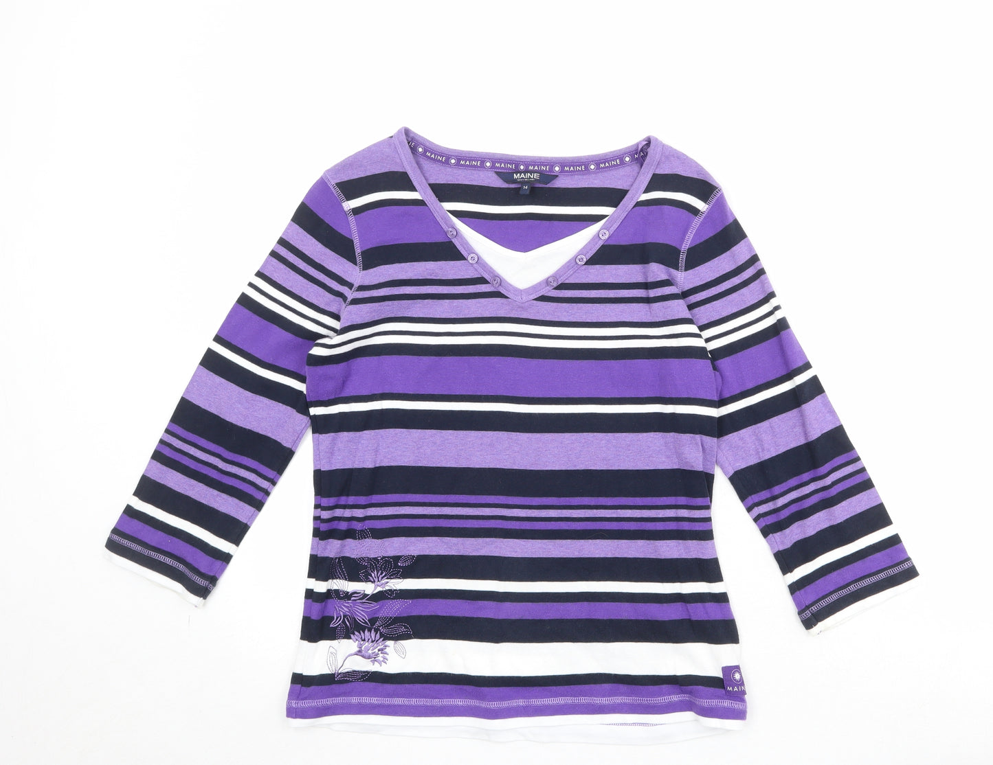 Maine Womens Purple V-Neck Striped Cotton Pullover Jumper Size 14