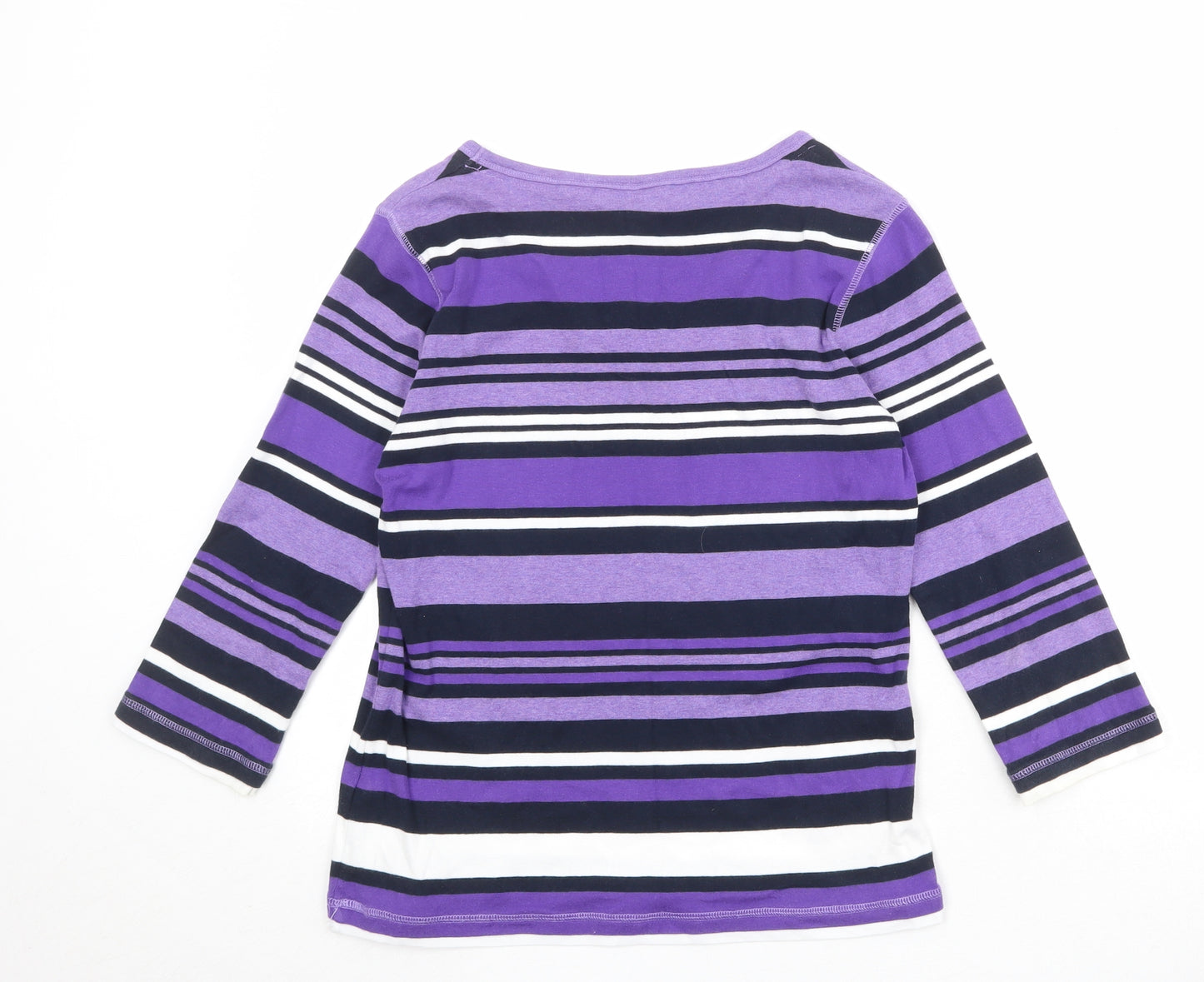 Maine Womens Purple V-Neck Striped Cotton Pullover Jumper Size 14