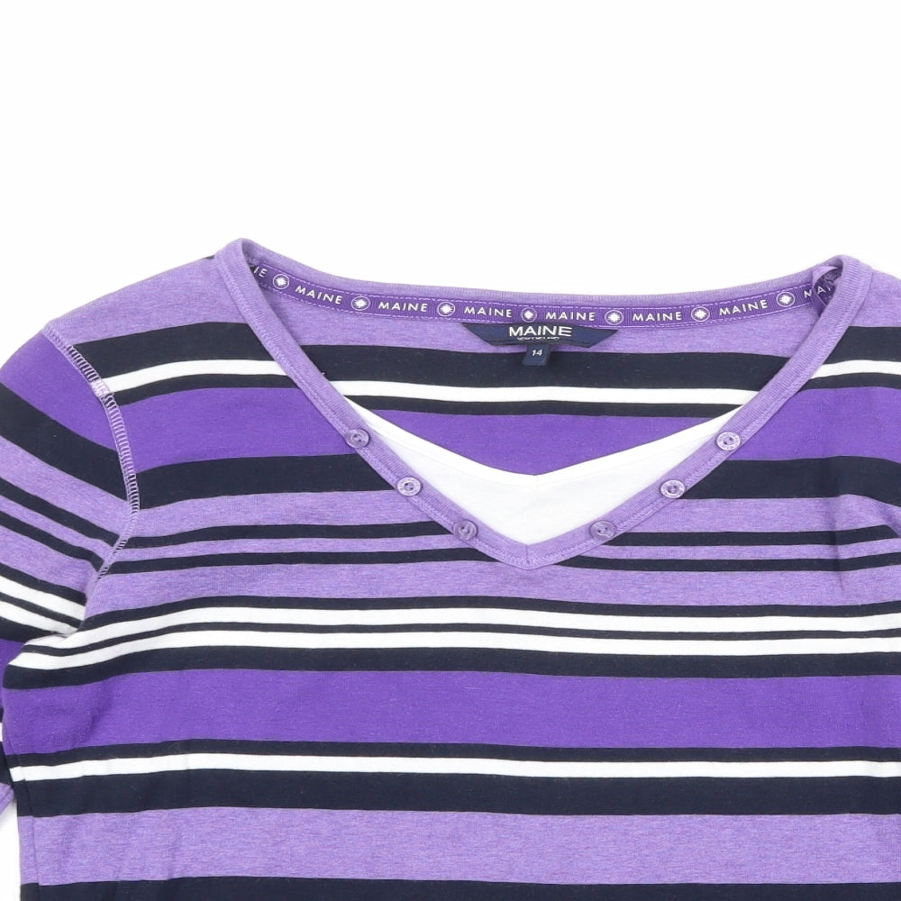 Maine Womens Purple V-Neck Striped Cotton Pullover Jumper Size 14