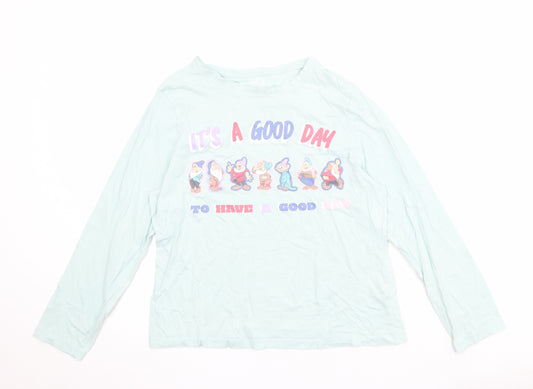 Front view of Disney women’s blue 100% cotton basic t-shirt, size S, round neck - it's a good day 7 dwarfs