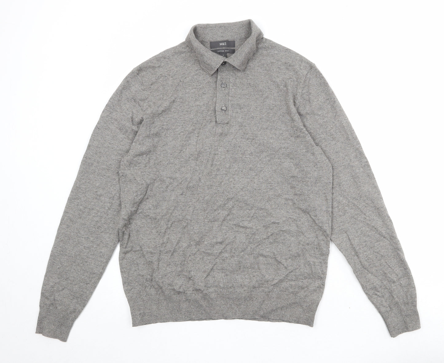 Marks and Spencer Mens Grey Cotton Polo Size M Collared Button