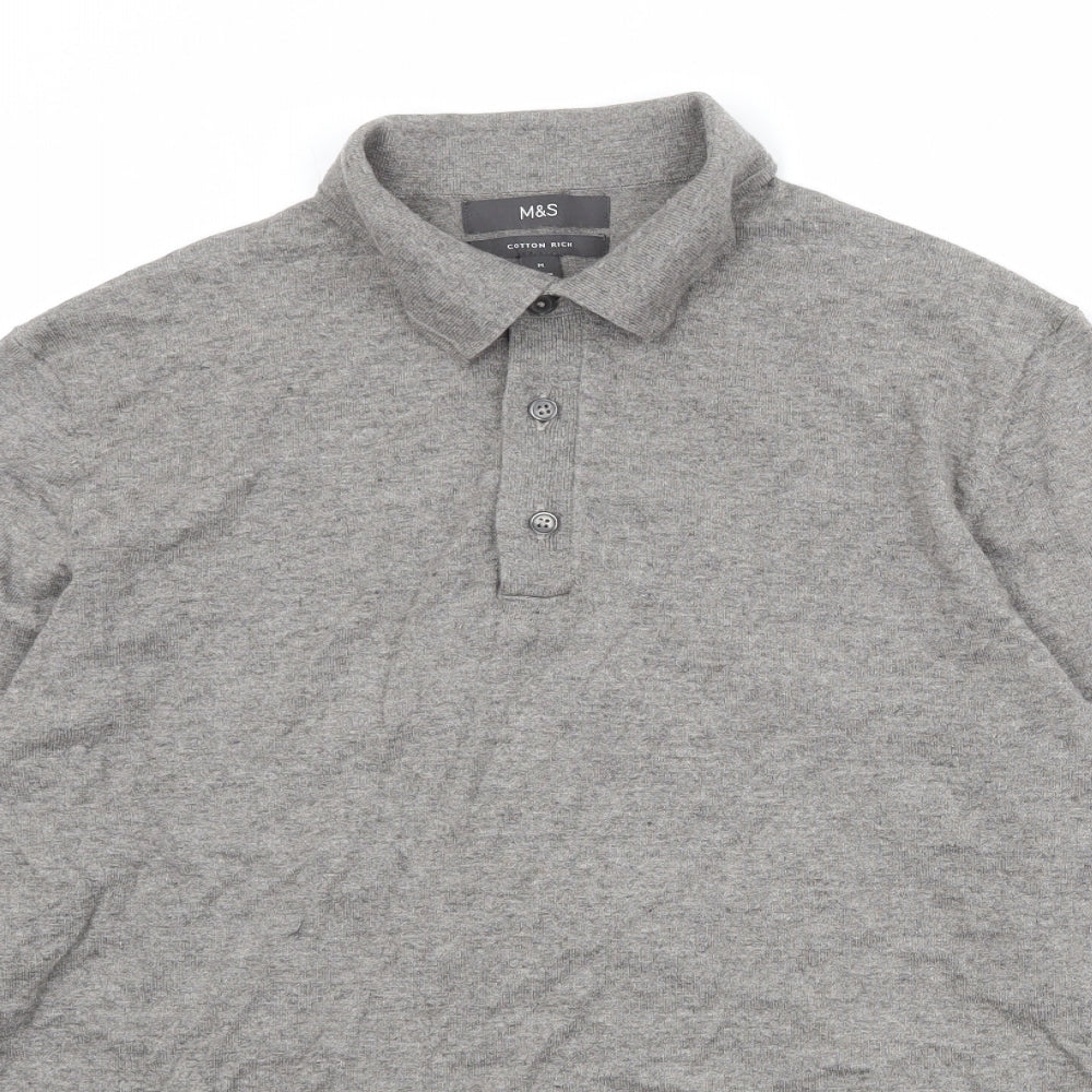 Marks and Spencer Mens Grey Cotton Polo Size M Collared Button