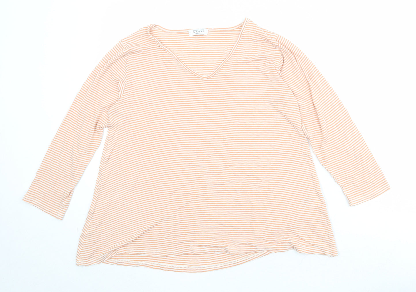 Masai Womens Orange Striped Viscose Basic T-Shirt Size M V-Neck