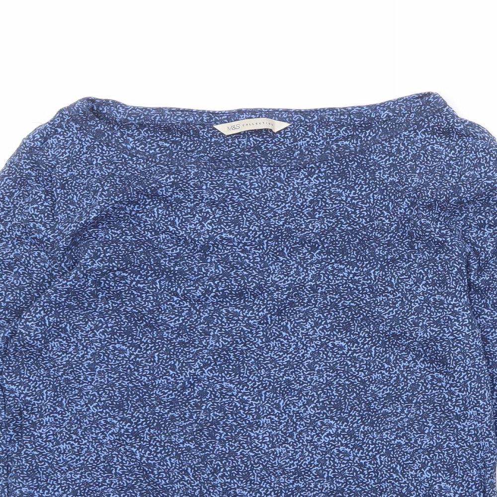 Marks and Spencer Womens Blue Geometric 100% Cotton Basic Blouse Size 12 Round Neck