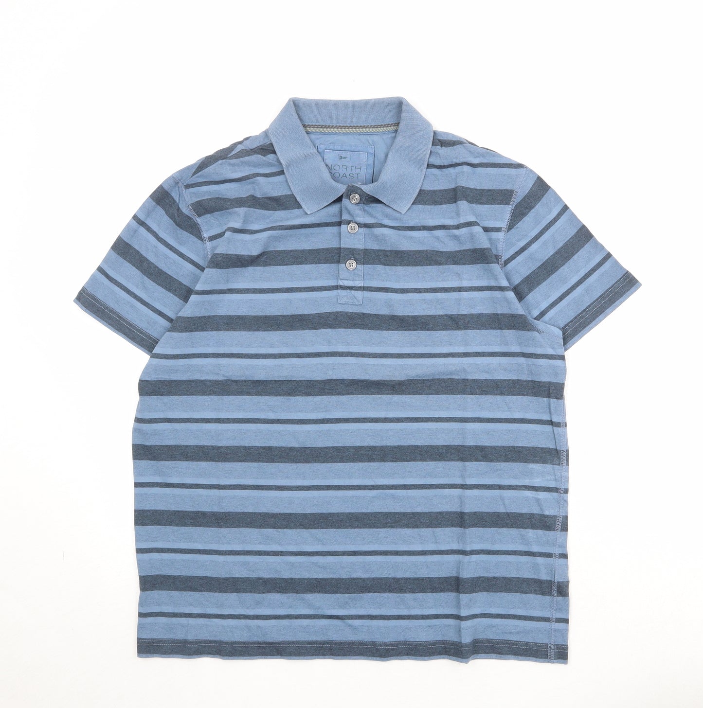 Marks and Spencer Mens Blue Striped Cotton Polo Size M Collared Button