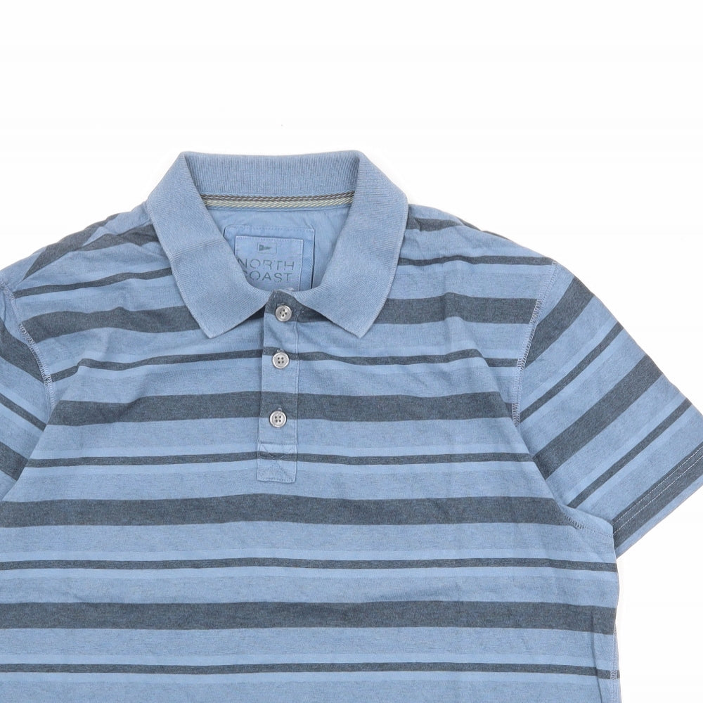 Marks and Spencer Mens Blue Striped Cotton Polo Size M Collared Button