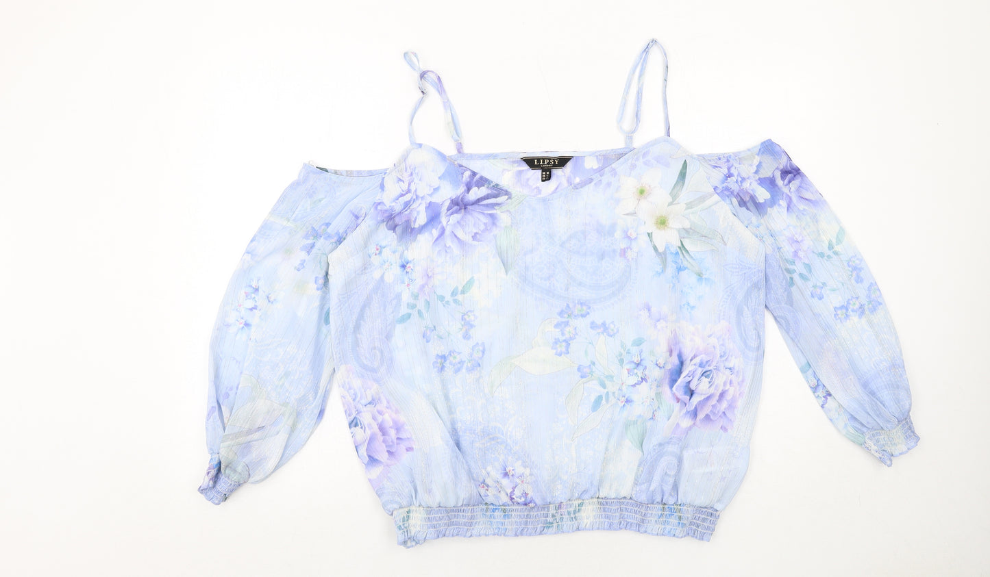 Lipsy Womens Blue Floral Polyester Basic Blouse Size 18 Off the Shoulder