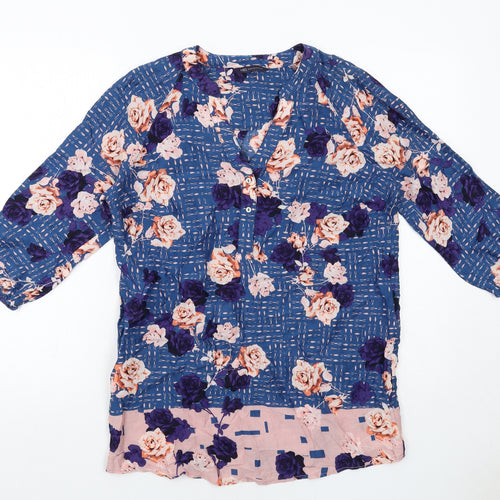 Marks and Spencer Womens Blue Floral Viscose Basic Blouse Size 8 V-Neck